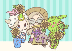 2boys 2others absurdres ball_breaker_(stand) beanie beard blonde_hair blue_eyes blue_sleeves bridal_gauntlets brown_hat brown_pants cape chibi chibi_only closed_eyes colored_skin commentary cowboy_hat extra_eyes facial_hair flower goggles_on_eyes gold_teeth green_skin grin gyro_zeppeli hat heart_ornament highres holding holding_flower hood hood_down hoodie horseshoe_hat_ornament horseshoe_ornament johnny_joestar jojo_no_kimyou_na_bouken long_hair m_a_a_m_8 male_focus medium_hair mouth_hold multiple_boys multiple_others pants pink_eyes pink_skin purple_bridal_gauntlets purple_shirt shirt short_sleeves sitting smile spurs stand_(jojo) star_(symbol) star_print steel_ball_run sunflower symbol-only_commentary tusk_(stand) tusk_act1 two-tone_sleeves white_hat white_hoodie white_sleeves wristband yellow_cape