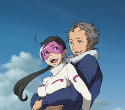 00s 1boy 1girl couple eureka_seven eureka_seven_(series) goggles hetero holding holland holland_novak hug hug_from_behind smile talho_yuuki tattoo