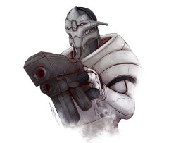 1boy alien gun holding holding_weapon lrtrevelyan mass_effect_(series) saren_arterius solo solo_focus turian weapon white_background
