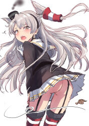 Rule 34 | 1girl, amatsukaze (kancolle), amatsukaze kai ni (kancolle), black dress, brown eyes, dress, from behind, fuji (pixiv24804665), garter straps, gloves, grey hair, hair tubes, hat, highres, kantai collection, long hair, long shirt, long sleeves, looking at viewer, looking back, mini hat, no panties, open mouth, red thighhighs, sailor collar, sailor dress, smokestack hair ornament, solo, striped clothes, striped thighhighs, teeth, thighhighs, two side up, underwear, upper teeth only, white gloves, white sailor collar, wind, wind lift