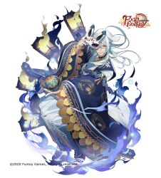 1boy absurdres black_nails blue_fire copyright_name fire food_fantasy full_body glasses hand_up highres holding holding_mask lantern long_hair male_focus mask official_art red_eyes rezia smile solo tsukimi_dango_(food_fantasy) white_hair wide_sleeves