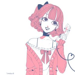 1girl antique_phone black_bow black_choker black_eyes black_lips bow chika_(vocaloid) choker closed_mouth collarbone dress earrings frilled_dress frills heart heart_earrings highres holding holding_phone jacket jewelry looking_to_the_side mole mole_on_chest mole_under_eye mole_under_mouth phone pink_hair pink_jacket red_bow rotary_phone short_hair side_ponytail signature simple_background smile solo striped_bow teeth treebarkagain upper_body vocaloid white_background white_dress