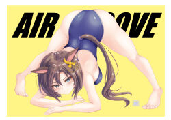 1girl absurdres air_groove_(umamusume) animal_ears ass barefoot black_hair blue_eyes blue_one-piece_swimsuit bow breasts brown_hair character_name cleavage collarbone commentary_request competition_swimsuit ear_bow ear_chain full_body highleg highleg_one-piece_swimsuit highres horse_ears horse_girl horse_tail jack-o&#039;_challenge large_breasts linked_piercing one-piece_swimsuit short_hair swimsuit tail thighs tong_shui umamusume wide_hips yellow_background
