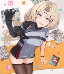 1girl asymmetrical_sleeves black_gloves black_shorts black_thighhighs blonde_hair blue_eyes candy covenant_halo_(girls&#039;_frontline_2) elmo_dormitory_outfit food forehead girls&#039;_frontline girls&#039;_frontline_2:_exilium gloves hair_rings highres light_blush looking_at_viewer lying manga_(object) mixed-language_commentary on_back open_mouth parted_bangs shorts single_glove single_hair_ring smile solo thighhighs thighs ullrid_(girls&#039;_frontline_2) wrapped_candy wristband yotsuyama_(yomo8ama)