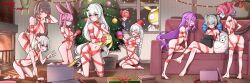 Rule 34 | 1boy, 6+girls, absurdres, animal ears, ass, bare shoulders, bikeibikei, blue eyes, box, breasts, bronya zaychik, bronya zaychik (haxxor bunny), brown hair, captain (honkai impact), chimney, christmas lights, christmas tree, couch, crossed legs, decorating, decorations, drill hair, gift, gift box, grey hair, hair between eyes, highres, holding orb, homu (honkai impact), honkai (series), honkai impact 3rd, indoors, kallen kaslana, large breasts, long braid, long hair, looking through window, medium breasts, merry christmas, midriff, multiple girls, murata himeko, murata himeko (arctic kriegsmesser), naked ribbon, navel, on couch, pillow, pink hair, purple hair, rabbit ears, red eyes, red hair, ribbon, rita rossweisse, rita rossweisse (fallen rosemary), rozaliya olenyeva, delta (honkai impact), short hair, sirin, sitting, small breasts, stomach, tail, theresa apocalypse, theresa apocalypse (luna kindred), theresa apocalypse (lunar vow: crimson love), twin drills, twintails, very long hair, white hair, yae kasumi, yae sakura, zhuge kongming (honkai impact)