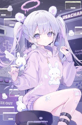 1girl absurdres animal_ears animal_print bandaid bandaid_on_leg blush breasts candy food grey_hair halo highres holding holding_candy holding_food holding_lollipop jacket konpe_itou lollipop long_sleeves looking_at_viewer melting_halo multicolored_hair nail_polish original pink_jacket purple_eyes purple_hair purple_nails rabbit rabbit_print sitting small_breasts solo streaked_hair twintails window_(computing)