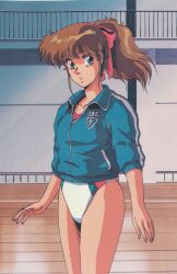 Rule 34 | 1980s (style), 1girl, athletic leotard, blue eyes, blue jacket, cowboy shot, cream lemon, emblem, gymnast leotard, gymnastics, hair ribbon, high ponytail, highres, indoors, jacket, leotard, medium hair, non-web source, official art, oldschool, parted lips, ponytail, retro artstyle, ribbon, scan, solo, standing, three-quarter sleeves, urushihara satoshi, white shadow