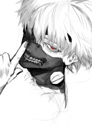 Rule 34 | 1boy, black mask, black nails, eyepatch, finger to mouth, hand up, head only, highres, index finger raised, kaneki ken, looking at viewer, mask, original, red eyes, shadow, short hair, sketch, solo, stfr (stfr kaz), teeth print, tokyo ghoul, white background, white hair, zipper, zipper pull tab