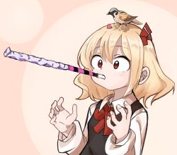 1girl animal animal_on_head ascot bird bird_on_head black_vest blonde_hair bow circle collared_shirt dot_nose dress_shirt hair_between_eyes hair_bow long_sleeves mouth_hold on_head party_favor red_ascot red_bow rumia shinmon_akika shirt short_hair sidelocks simple_background touhou upper_body vest white_shirt wide-eyed wing_collar