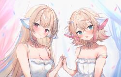 2girls alternate_costume animal_ears bare_shoulders blonde_hair blue_eyes blue_hair blurry blurry_background blush breasts chii chii_(cosplay) chobits cleavage closed_mouth collarbone colored_inner_animal_ears commentary cosplay crossed_bangs dress english_commentary flat_chest fuwawa_abyssgard hair_between_eyes holding_hands hololive hololive_english long_hair looking_at_viewer maru_ccy mococo_abyssgard multicolored_hair multiple_girls neck_ribbon pink_eyes red_eyes ribbon short_hair siblings sisters strap_slip streaked_hair twins upper_body virtual_youtuber white_dress white_ribbon
