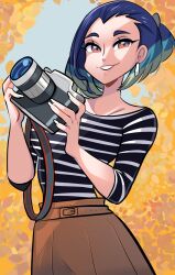 Rule 34 | 1girl, alternate costume, bob cut, brown eyes, brown skirt, camera, creatures (company), game freak, highres, holding, holding camera, looking at viewer, loose hair strand, missandydandy, nintendo, off-shoulder shirt, off shoulder, perrin (pokemon), photographer, pokemon, pokemon legends: arceus, pokemon sv, shirt, skirt, smile, solo, striped clothes, striped shirt, taking picture, white nails