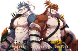 1boy abs absurdres animal_ears armor bandaged_hand bandages bara biceps braid cartuja_(epic_seven) character_name claws clenched_hands commentary covered_eyes cross_scar english_commentary epic_seven facial_scar furry furry_male gloves goggles goggles_on_head grin highres looking_at_viewer male_focus mouth_hold multiple_forms muscular muscular_male pauldrons pectorals ponytail red_eyes scar scar_on_cheek scar_on_face shoulder_armor single_glove single_pauldron smile spiked_pauldrons stalk_in_mouth topless_male uken_l white_background white_gloves wolf_boy wolf_ears