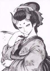 1girl arm_under_breasts arm_up black_hair blood bloody_weapon bow breasts comb commentary_request cropped_torso floral_print frown greyscale hair_bow hiraoka_senitsu holding holding_knife japanese_clothes kimono knife long_hair looking_to_the_side monochrome monster_girl oni original short_sword simple_background small_breasts solo sword tantou traditional_youkai wakizashi weapon white_background
