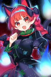 1girl absurdres animal_ears black_bow black_shirt black_skirt blunt_bangs bow braid breasts cat_ears cat_girl commentary enokishima extra_ears fang fire gradient_background hair_bow highres kaenbyou_rin looking_at_viewer open_mouth patterned_clothing red_background red_eyes red_hair shirt side_braids skin_fang skirt slit_pupils touhou twin_braids upper_body