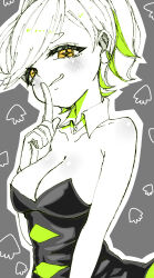 Rule 34 | 1girl, black dress, breasts, cleavage, collarbone, commentary request, detached collar, dress, eyelashes, green hair, highres, humanization, index finger raised, large breasts, marie (splatoon), marie (squid sisters outfit) (splatoon), mole, mole under eye, mugyiiiii ika, multicolored hair, nintendo, outline, smile, solo, splatoon (series), standing, strapless, strapless dress, two-tone hair, white hair, white outline, yellow eyes