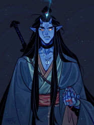 1boy ahoge belt black_hair blank_eyes blue_background blue_horns blue_light blue_skin chinese_clothes colored_skin commentary cursed_shackle dark_background daruma_doll dated doll english_commentary facial_mark fingernails fmd forehead_mark frown glowing green_hanfu hanfu highres holding holding_doll horns huadian jewelry light_particles long_fingernails long_hair long_sleeves looking_at_viewer male_focus necklace official_alternate_skin_color oni parted_bangs pointy_ears red_belt ring ring_necklace sidelocks signature solo string string_around_finger string_of_fate sword sword_on_back tianguan_cifu topknot upper_body very_long_hair weapon weapon_on_back wide_sleeves xie_lian yellow_eyes
