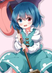 1girl :d aqua_skirt aqua_vest blue_eyes blush collarbone commentary cowboy_shot heterochromia highres holding holding_umbrella karakasa_obake long_sleeves looking_at_viewer open_mouth red_eyes ruu_(tksymkw) shirt short_hair simple_background skirt skirt_set smile solo sweat tatara_kogasa tears touhou umbrella white_shirt