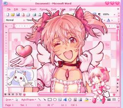 1girl animated animated_gif blush bow commentary cursor english_commentary gloves hair_bow hair_ribbon heart highres kaname_madoka kaname_madoka_(magical_girl) kyubey magical_girl mahou_shoujo_madoka_magica mahou_shoujo_madoka_magica_(anime) microsoft_office microsoft_windows microsoft_word notepad_(windows) one_eye_closed open_mouth pink_eyes pink_hair pink_theme ribbon short_hair short_twintails smile solo soul_gem twintails window_(computing) windows_vista wings wormontwostrings