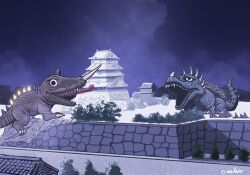 anguirus barugon building carapace castle chibi city crossover daiei_motion_picture destruction dinosaur fog gamera_(series) gamera_vs._barugon giant giant_monster glowing glowing_spikes godzilla_(series) godzilla_raids_again highres horns ice kaiju lizard long_tongue makio0001 monster nasal_horn night no_humans open_mouth osaka_(city) osaka_castle pagoda real_world_location roaring sharp_teeth single_horn snow spiked_tail spikes tail teeth toho tongue tongue_out tree vapor