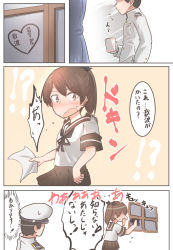 1boy admiral_(kancolle) blush brown_hair brown_sailor_collar brown_skirt cold comic commentary_request cup glass_writing hair_ribbon hat heart highres kantai_collection military military_uniform mug naval_uniform peaked_cap ponytail ribbon sailor_collar school_uniform serafuku shikinami_(kancolle) short_ponytail skirt tiger_(tiger-kimu) translation_request window wiping