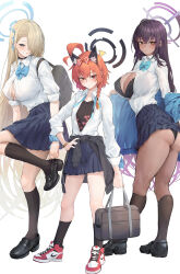 3girls absurdres adjusting_clothes adjusting_footwear ahoge air_jordan animal_ears ass asuna_(blue_archive) asuna_(school_uniform)_(blue_archive) bag black_bra black_choker black_hair black_halo black_panties black_shoes black_socks black_undershirt blonde_hair blue_archive blue_bow blue_bowtie blue_eyes blue_halo blue_scrunchie blue_sweater bow bowtie bra bracelet breasts button_gap cat_ears choker dark-skinned_female dark_skin fake_animal_ears floral_print from_behind full_body ggz_(gguzal_95) hair_over_one_eye halo hand_on_own_hip highres huge_ahoge jewelry karin_(blue_archive) karin_(school_uniform)_(blue_archive) large_breasts loafers long_hair looking_back multiple_girls neru_(blue_archive) neru_(school_uniform)_(blue_archive) open_clothes open_shirt panties pleated_skirt purple_hair purple_halo red_eyes school_bag school_uniform scrunchie serafuku shirt shoes short_hair shoulder_bag simple_background skirt socks standing standing_on_one_leg sweater underwear very_long_hair white_background white_shirt wrist_scrunchie yellow_eyes