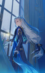 Rule 34 | 1boy, ascot, asymmetrical bangs, blue coat, blue eyeliner, candle, candlestand, coat, curtains, eyeliner, fire, flower, genshin impact, gloves, highres, holding, holding candle, lapels, long hair, looking to the side, makeup, multicolored hair, neuvillette (genshin impact), pants, peaked lapels, rain, reflection, rj (lingshih10), standing, streaked hair, very long hair, white ascot, white hair, window