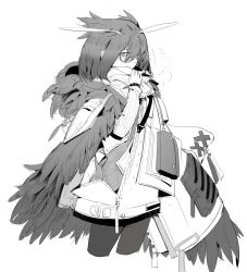 1girl absurdres arknights bird_wings blush coat commentary cropped_legs english_commentary eyes_visible_through_hair feather_hair from_side glasses greyscale hair_over_one_eye hand_up highres i_sleepingnow infection_monitor_(arknights) looking_at_viewer medium_hair monochrome owl_ears owl_girl pantyhose round_eyewear scarf sidelocks sideways_glance silence_(arknights) silence_(frosted_breath)_(arknights) simple_background smile solo wings winter_clothes winter_coat zipper