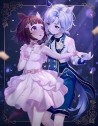 2girls animal_ears black_hair blue_eyes blue_hair blue_shorts blush bow bowtie breasts clenched_hand commentary_request confetti dancing dress ear_covers floating_hair flower gloves hair_flower hair_ornament hand_on_own_chest highres holding_hands horse_ears horse_girl horse_tail jacket looking_at_another multiple_girls n2ewu neck_garter nishino_flower_(umamusume) open_mouth pink_bow pink_dress pink_ribbon purple_eyes ribbon seiun_sky_(soiree_de_chaton)_(umamusume) seiun_sky_(umamusume) short_hair shorts small_breasts smile tail umamusume white_gloves white_jacket wrist_flower yuri