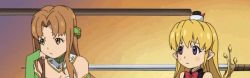 Rule 34 | 00s, 2girls, animated, animated gif, anime screenshot, aria (magic sword), aria (seiken no blacksmith), aria (sword), blonde hair, blush stickers, brown hair, hammer, hat, lisa (seiken no blacksmith), long hair, mini hat, multiple girls, pointy ears, purple eyes, seiken no blacksmith, smile, sword, weapon, yellow eyes