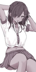 1girl arms_behind_head blush breasts cleavage collar collared_shirt cropped_shirt dark-skinned_female dark_skin ear_piercing earrings feet_out_of_frame goddess_of_victory:_nikke hair_ornament hair_over_one_eye hair_tie jewelry kumo_tabetai large_breasts long_hair looking_at_viewer loose_necktie monochrome mouth_hold naga_(nikke) navel necklace necktie piercing pleated_skirt school_uniform shirt short_sleeves side_ponytail sitting skirt solo striped_necktie