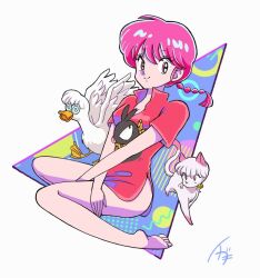 Rule 34 | 1girl, 3others, 4ptxq, animal, barefoot, bird, braid, breasts, cat, cleavage, duck, looking at viewer, memphis design, mousse (duck) (ranma 1/2), multiple others, no pants, p-chan, pink hair, ranma-chan, ranma 1/2, shampoo (cat), side slit, signature, sitting, soles, toes, white cat, yokozuwari