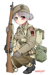 1girl ammunition_pouch backpack bag bandolier belt beret black_shoes bolt_action brown_belt brown_hat brown_jacket brown_pants closed_mouth ebifly gloves grey_gloves grey_hair gun gun_sling hat hat_ornament jacket lee-enfield load_bearing_equipment long_sleeves looking_at_viewer military military_uniform original pants patch pouch rifle shoes shoulder_patch simple_background soldier solo squatting suspenders twitter_username unit_patch weapon white_background yellow_eyes