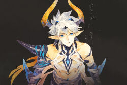 1boy bandaged_arm bandaged_chest bandages bare_shoulders black_background blue_eyes chinese_commentary closed_mouth collarbone kevin_kaslana_(diabolic) from_above grey_hair hair_between_eyes hair_ornament head_tilt honkai_(series) honkai_impact_3rd horns kevin_kaslana limboooo looking_at_viewer looking_up male_focus pointy_ears short_sleeves solo star_(symbol) star_hair_ornament upper_body