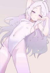 1girl absurdres ahoge blue_archive breasts cameltoe commentary english_commentary highres hina_(blue_archive) long_hair looking_at_viewer open_mouth purple_eyes s10021 simple_background small_breasts solo standing white_hair
