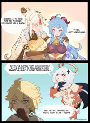1boy 2021 3girls aether_(genshin_impact) blonde_hair blue_hair breasts english_text ganyu_(genshin_impact) genshin_impact grey_hair heart highres horns multiple_girls ningguang_(genshin_impact) paimon_(genshin_impact) purple_eyes red_eyes romper rumi_(rumigawa31) speech_bubble white_romper yellow_eyes yuri