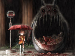 1girl artist_name blood bus_stop corpse creepy dark death demon dress duplicate glasses glowing glowing_eyes grass gun guro highres horror_(theme) j-e-m-g kusakabe_mei kusakabe_satsuki monster night parody rain red_eyes sawed-off_shotgun scared shotgun sign studio_ghibli tears teeth tonari_no_totoro totoro totoro_bus_stop umbrella weapon what