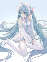 1girl akabino aqua_hair aqua_necktie arm_tattoo bare_shoulders blue_eyes boots closed_mouth collar collared_dress commentary_request detached_sleeves dress hair_between_eyes hair_ornament hand_rest hatsune_miku headphones high_heel_boots high_heels highres necktie sidelocks sitting solo tattoo thigh_boots twintails vocaloid white_boots white_sleeves yokozuwari