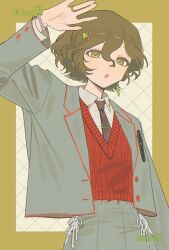 1girl :o alternate_costume arm_up black_necktie blazer border bracelet brown_hair collared_shirt earrings green_eyes grey_jacket grey_skirt hair_between_eyes hand_up highres jacket jewelry necktie oji-sama_(ochi4t) outside_border recoleta_(reverse:1999) red_vest reverse:1999 ring shirt short_hair single_earring skirt solo sweater_vest twitter_username upper_body vest white_shirt yellow_border