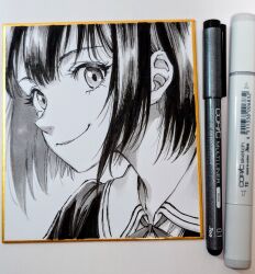 1girl closed_mouth commentary_request eyelashes greyscale looking_at_viewer makomako1061 marker_(medium) monochrome neck_ribbon original pen_(medium) photo_(medium) portrait ribbon sailor_collar shikishi short_hair sidelocks smile solo traditional_media wispy_bangs
