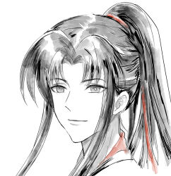 1boy black_hair closed_mouth from_side greyscale hair_ribbon high_ponytail long_hair looking_at_viewer male_focus modao_zushi monochrome ningmengxiangcaokele parted_bangs ponytail portrait red_ribbon ribbon sidelocks simple_background smile solo spot_color wei_wuxian white_background