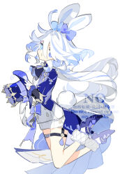 Rule 34 | 1girl, :o, animal ears, blue coat, blue eyes, blue hair, blue shoes, coat, commentary, full body, furina (genshin impact), genshin impact, hat, heterochromia, highres, holding, holding unworn clothes, holding unworn hat, jumping, long hair, looking at viewer, multicolored hair, rabbit ears, rabbit girl, rabbit tail, shoes, shorts, simple background, solo, streaked hair, tail, tailcoat, thigh strap, twitter username, unworn hat, unworn headwear, watermark, white background, white hair, white shorts, zenmai (cyenmi3)