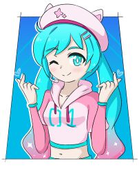1girl aged_down animal_ears arms_up blue_background blue_eyes blue_hair blush breasts cat_ears closed_mouth female_focus hat hatsune_miku heart jua long_hair multicolored_hair navel nose one_eye_closed pink_hair shadow small_breasts smile solo standing vocaloid