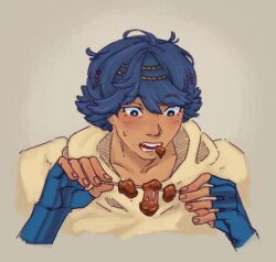 1boy baten_kaitos blue_eyes blue_hair eating fingerless_gloves food giantratbf gloves holding holding_food kalas_(baten_kaitos) male_focus short_hair simple_background skewer sweat upper_body