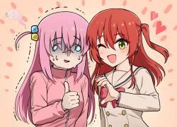 2girls ;d blue_eyes blush bocchi_the_rock! commentary crossed_bangs cube_hair_ornament fingernails giving_up_the_ghost gotoh_hitori green_eyes grey_sailor_collar grey_shirt hair_between_eyes hair_ornament happy heart heart_hands_failure highres jacket kamille_(vcx68) kita_ikuyo long_hair looking_at_viewer multiple_girls nervous nervous_smile nervous_sweating one_eye_closed one_side_up open_mouth orange_background pink_hair pink_jacket red_hair revision sailor_collar school_uniform shirt shuka_high_school_uniform side-by-side sidelocks simple_background smile straight_hair sweat thumbs_up track_jacket trembling upper_body very_long_hair