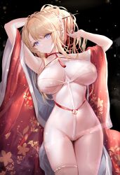 1girl absurdres age_fx arms_up azur_lane bare_shoulders black_background blonde_hair blue_eyes breasts cleavage floral_print glorious_(azur_lane) glorious_(pungent_plum)_(azur_lane) hair_ornament highres large_breasts long_hair looking_at_viewer navel o-ring official_alternate_costume ponytail revealing_clothes revision sidelocks thigh_strap thighs