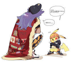 1boy baseball_cap black_hoodie cape clothed_pokemon cosplay crossed_arms fang fur-trimmed_cape fur_trim gen_1_pokemon hat highres hood hoodie leggings leon_(pokemon) long_hair nintendo open_mouth orange_headwear pikachu pokemon pokemon_swsh purple_hair raihan_(pokemon) raihan_(pokemon)_(cosplay) red_cape shirt shoes short_sleeves speech_bubble squatting standing thought_bubble tongue translation_request white_background youchengyan