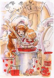 1boy 1girl ^_^ age_regression aged_down blonde_hair bottle brown_hair charlotte_pudding chef_hat child clock closed_eyes cooking fengcheche food fruit hair_over_one_eye hat highres jam milk_bottle mixing mixing_bowl one_piece sanji_(one_piece) smile steam strawberry time_paradox twintails