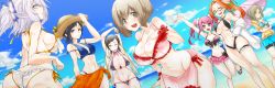 10s 6+girls ass ban_airi bikini black_hair breasts brown_hair butt_crack devil_survivor_(series) devil_survivor_2 glasses grey_eyes haoro highres hotsuin_miyako huge_breasts kanno_fumi kujou_hinako large_breasts long_hair matching_hair/eyes multiple_girls nail_polish navel nitta_io orange_eyes orange_hair sako_makoto short_hair sideboob silver_hair swimsuit underboob yanagiya_otome