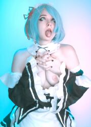 1girl ave ave_ria blue_hair breasts cosplay highres maid medium_breasts nipples re:zero_kara_hajimeru_isekai_seikatsu rem_(re:zero) ria