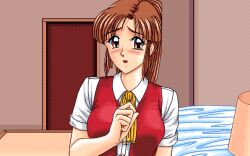 1990s_(style) 1995 1girl bedroom blush brown_eyes brown_hair high_ponytail hoshi_no_suna_monogatari_3 indoors looking_at_viewer non-web_source open_mouth pc-98_(style) ponytail retro_artstyle school_uniform shima_(d.o.) upper_body